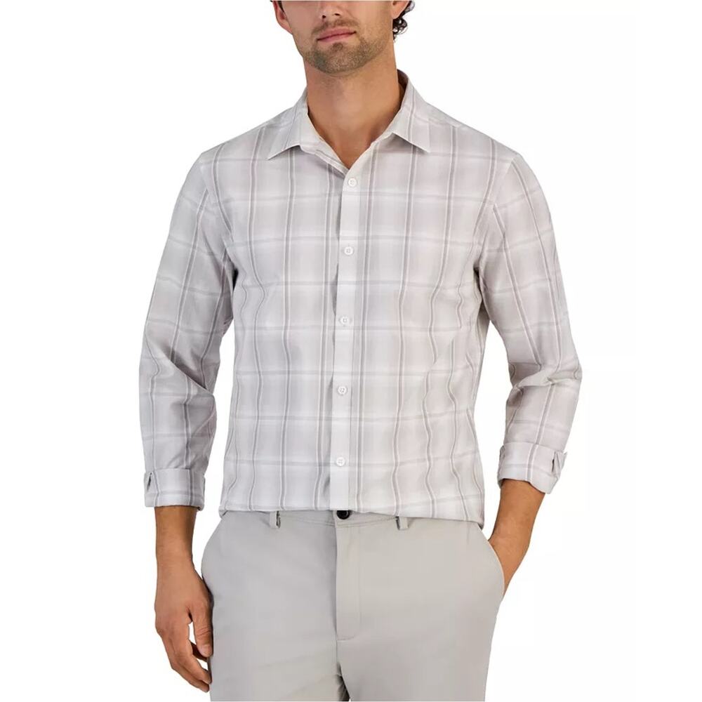 Alfani Men's White/Beige Cotton Plaid Print Long-Sleeve Button-Up Shirt Size 3XL